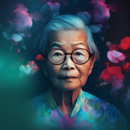 Portrait of senior asian woman with flower petals background.の素材
