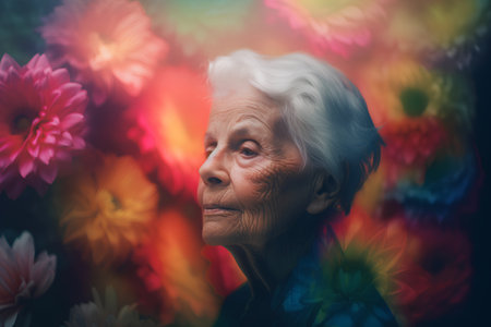 Portrait of an elderly woman on a background of flowers. Toned.の素材