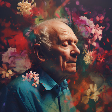 Portrait of an elderly man with flowers. Photo in old color image style.の素材