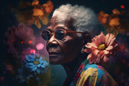 Portrait of beautiful senior african american woman with flowers.の素材
