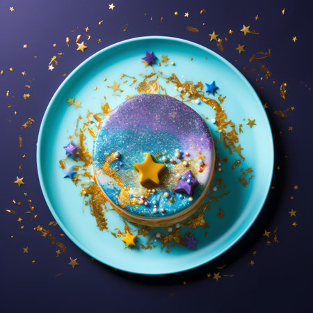Blue plate with glazed donut decorated with golden stars and confetti on dark blue backgroundの素材