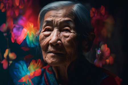 Portrait of old asian woman looking at the camera with colorful backgroundの素材