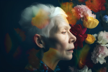 Portrait of a beautiful senior woman with flowers. Studio shot.の素材