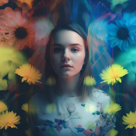 portrait of a beautiful girl with flowers on a dark background.の素材