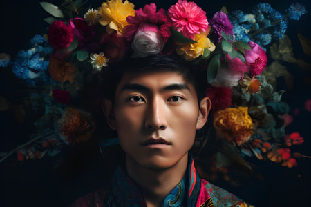 Portrait of a young Asian man wearing a wreath of flowersの素材