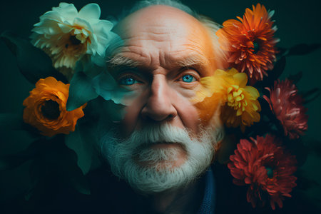 Portrait of an old man with a long white beard and mustache in a wreath of flowers on a dark backgroundの素材