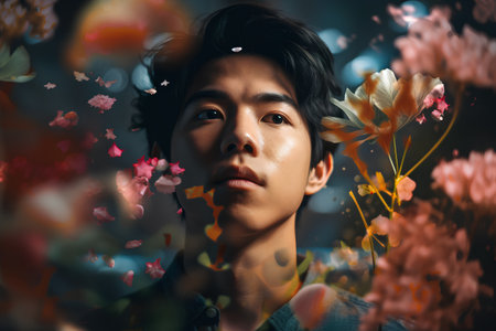 Portrait of a handsome young asian man with flowers in his hairの素材