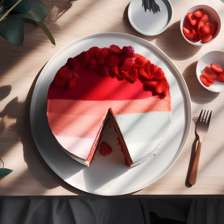Piece of cake with red and white stripes and flowers on the tableの素材