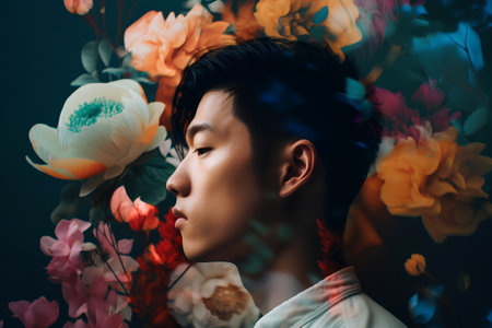 Portrait of a young Asian man on a background of flowers.の素材