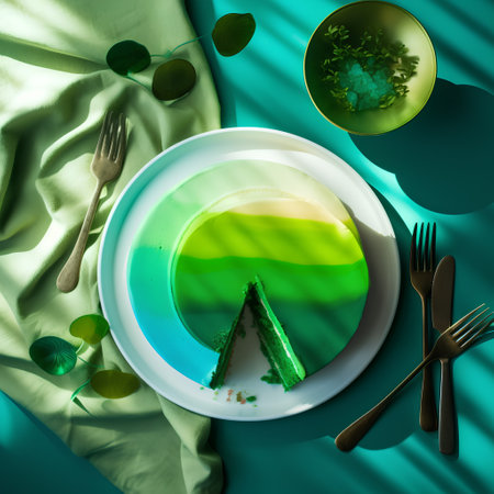 Green tea cheesecake on a white plate with cutlery on a green tableclothの素材