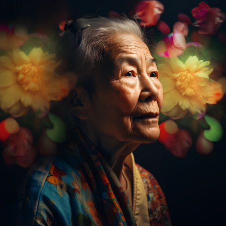 Portrait of an elderly asian woman with flowers in her hairの素材