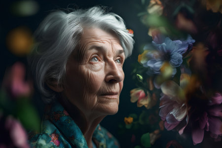 Portrait of a sad senior woman with flowers on a dark backgroundの素材