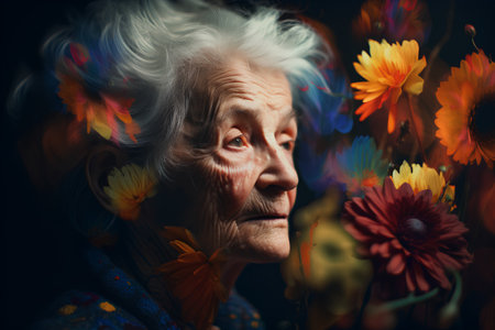 Portrait of an old woman with gerbera flowers on dark backgroundの素材