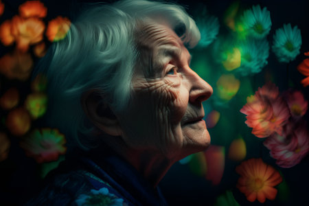 Portrait of an elderly woman on a dark background with flowers.の素材
