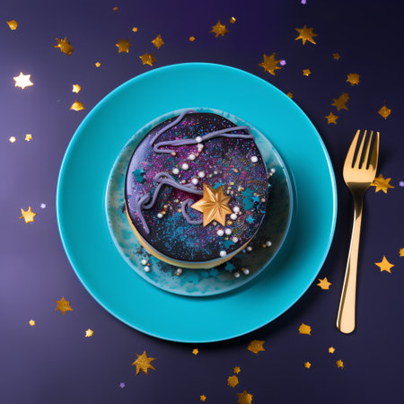 Blue plate with blue cake decorated with stars and golden fork on purple backgroundの素材