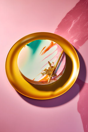 Cake on a golden plate on a pink background. Minimalism.の素材