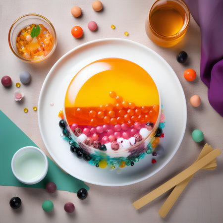 Colorful jelly cake with candies and jelly beans on white plateの素材