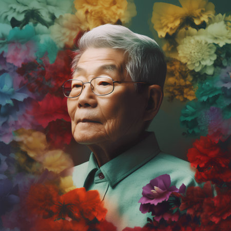 Portrait of a senior asian man with colorful flowers background.の素材