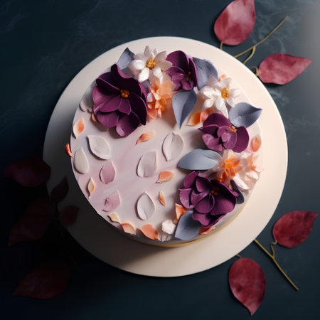 Cake decorated with flowers and petals on a dark background.の素材