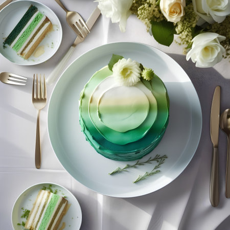 Elegant table setting with green cake and flowers, top viewの素材