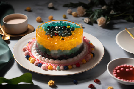 Colorful jelly cake on a white plate. Selective focus.の素材