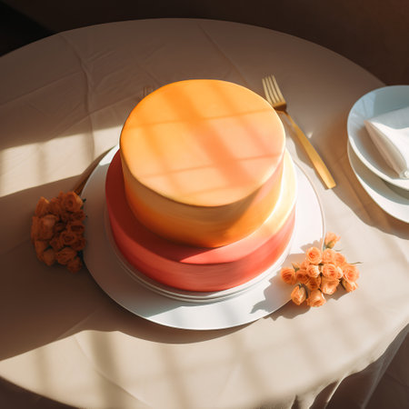 Wedding cake with flowers on the table in the sunlight.の素材