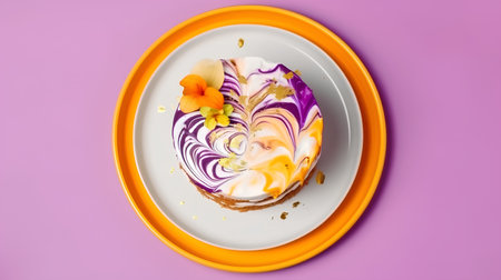 Cake decorated with flowers on a yellow plate on a purple backgroundの素材