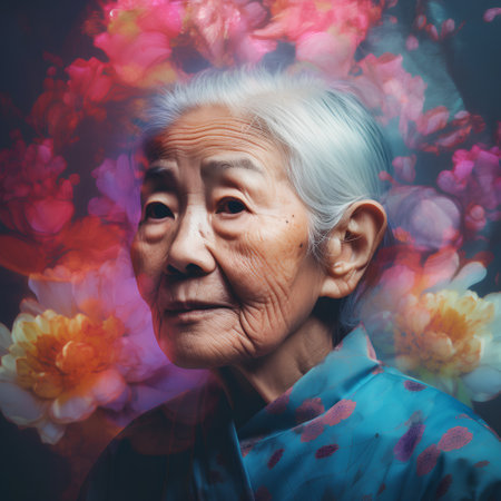 Portrait of an elderly asian woman with flowers in the backgroundの素材