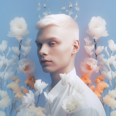 Portrait of a beautiful young woman with flowers on a blue backgroundの素材