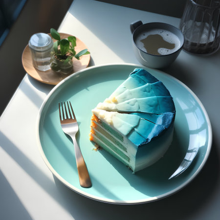 A piece of cake on a blue plate with a cup of coffeeの素材