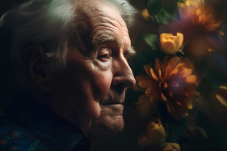 Portrait of an old woman with flowers. Photo in old image style.の素材