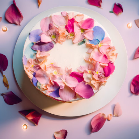 Birthday cake decorated with pink flowers and petals on blue backgroundの素材