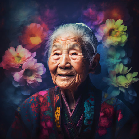 Old asian woman in traditional clothes with flowers on the background.の素材