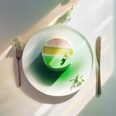 Green tea cake on a plate with a knife and fork in sunlightの素材