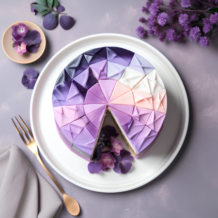 A piece of cake on a white plate decorated with purple flowers.の素材