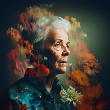 Portrait of an elderly woman with flowers. Photo in old color image styleの素材