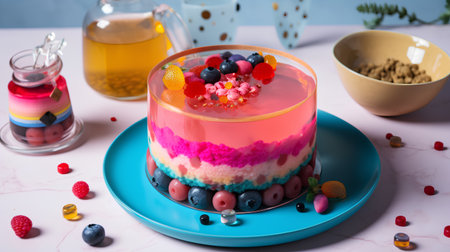 Colorful cake with berries on table, close up. Dessertの素材