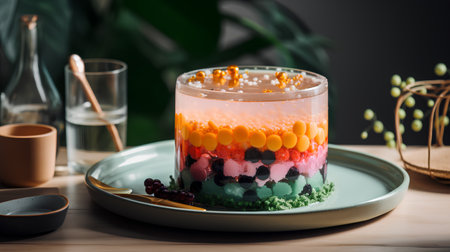 Colorful mousse cake in a glass on a wooden table.の素材