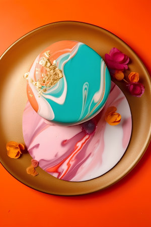 Colorful cake on a plate with rose petals on orange backgroundの素材