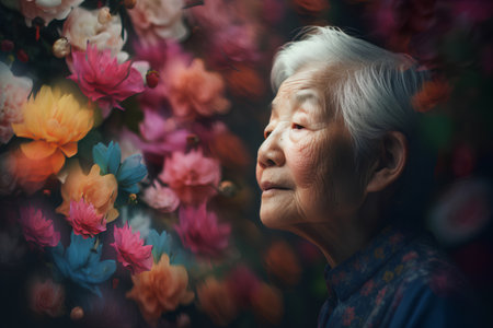 Portrait of an old woman with flowers in the background. Vintage style.の素材