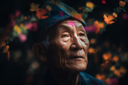 Portrait of an elderly Asian woman in the garden, Thailand.の素材