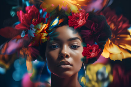 Fashion portrait of beautiful african american woman with flowers.の素材