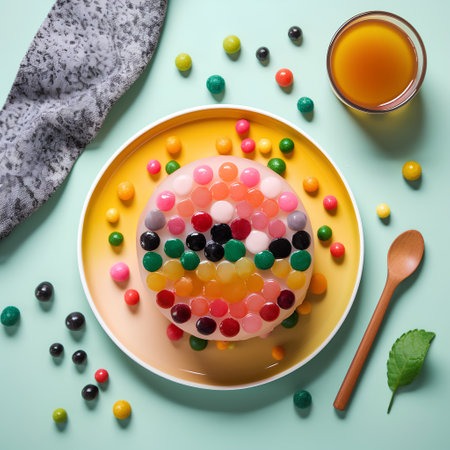 Colorful jelly candies on a yellow plate, top view.の素材