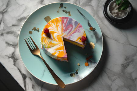 Plate with tasty cakele table, top view. Delicious dessertの素材