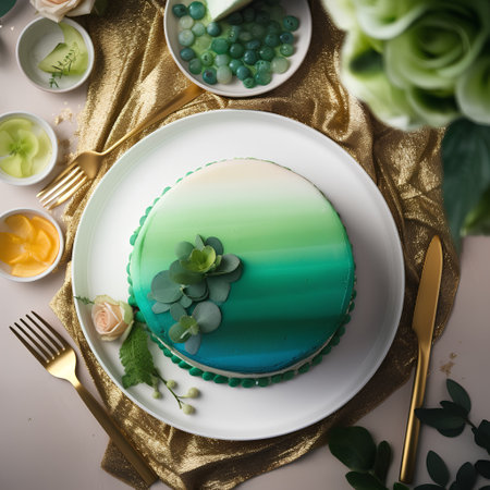 Elegant green cake decorated with succulents and gold cutleryの素材