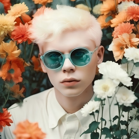 Fashion portrait of a young boy in sunglasses on a background of flowersの素材