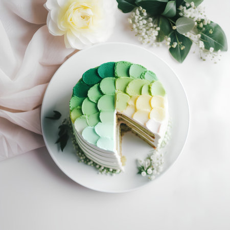 Green tea mousse cake decorated with flowers on white plate over white backgroundの素材