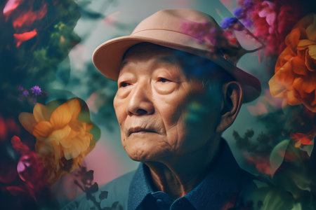 Portrait of a senior asian man wearing hat and flower backgroundの素材