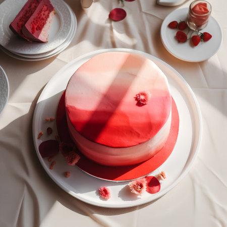 Cake with red cream and rose petals on a white plateの素材