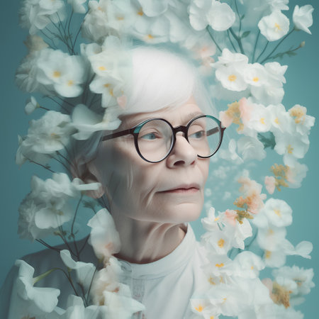 Portrait of beautiful senior woman with flowers. Photo in old color image styleの素材
